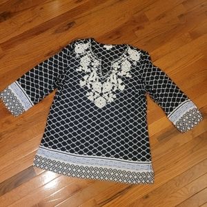 Charter Club Tunic Navy, White, Light Blue with White Embroidery Size Large